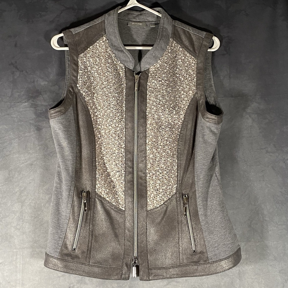 Rabe Grey Faux Leather & Textured Front Panel Vest Size 10 Zip Up Sleeveless